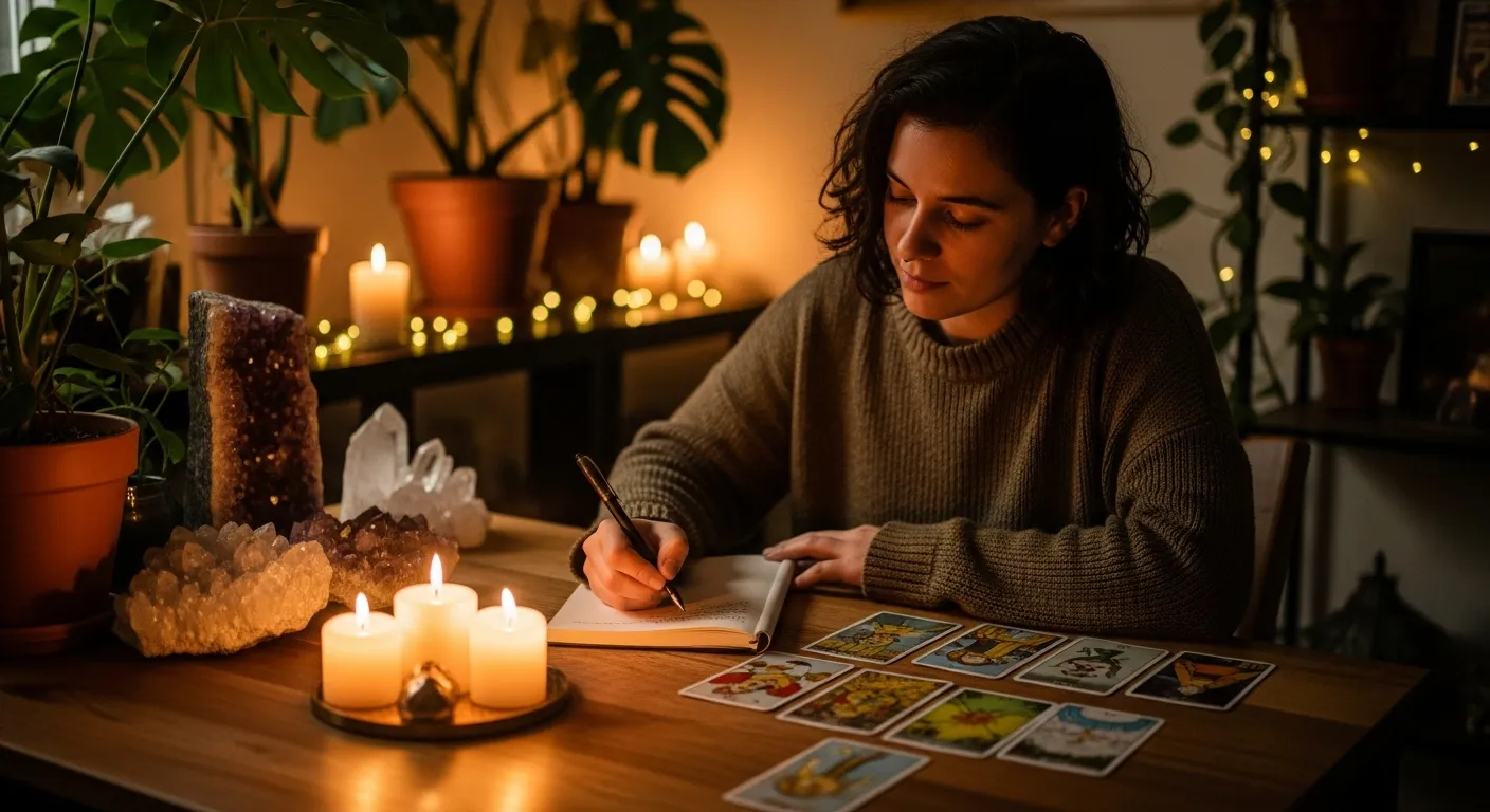 Persona escribiendo en un diario junto a una tirada de tarot